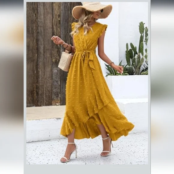 BTFBM Women's 2023 Summer Wrap V Neck Dress Ruffle Sleeve Swiss Dot Boho Sz M - Picture 1 of 16